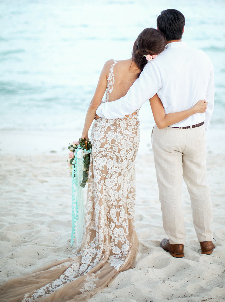 beach wedding dresses champagne Sheath Lace Wedding Dress,Champagne Destination Wedding Dress,WD00943, US2 / Ivory