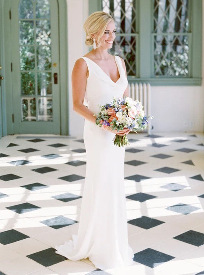 Simple Backless Wedding Dress,Destination Cowl Neck Wedding Dress,WD00942, US10 / White Simple Backless Wedding Dress,Destination Cowl Neck Wedding Dress,WD00942, US10 / White