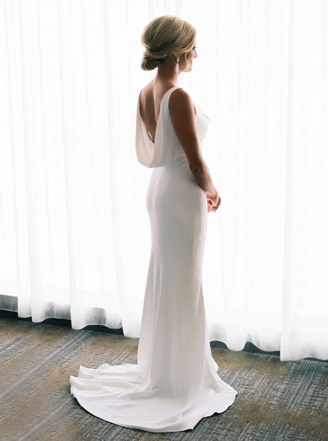Simple Backless Wedding Dress,Destination Cowl Neck Wedding Dress
