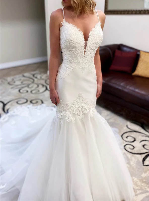 Spaghetti Straps Wedding Dress,Trumpet Bridal Dress,WD00946, US26W / Ivory