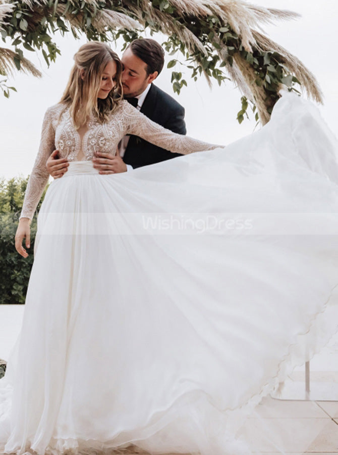 Elegant Long Sleeve Wedding Dress,Destination Bridal Gown,WD00947, US8 / Ivory