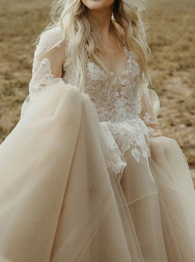 Champagne Open Back Bridal Gown,Bishop Sleeves Bridal Gown,WD00948, US26W / White Champagne Open Back Bridal Gown,Bishop Sleeves Bridal Gown,WD00948, US26W / White