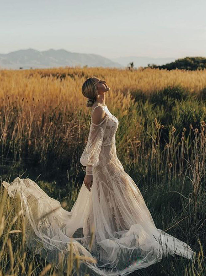 Fit And Flare Cold Shoulder Wedding Dress,Destination Wedding Dress With  Sleeve,WD00950