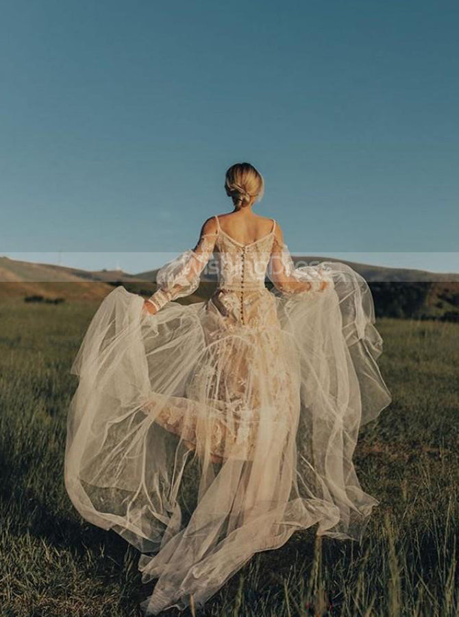 Fit And Flare Cold Shoulder Wedding Dress,Destination Wedding Dress With Sleeve,WD00950 Fit And Flare Cold Shoulder Wedding Dress,Destination Wedding Dress With Sleeve,WD00950
