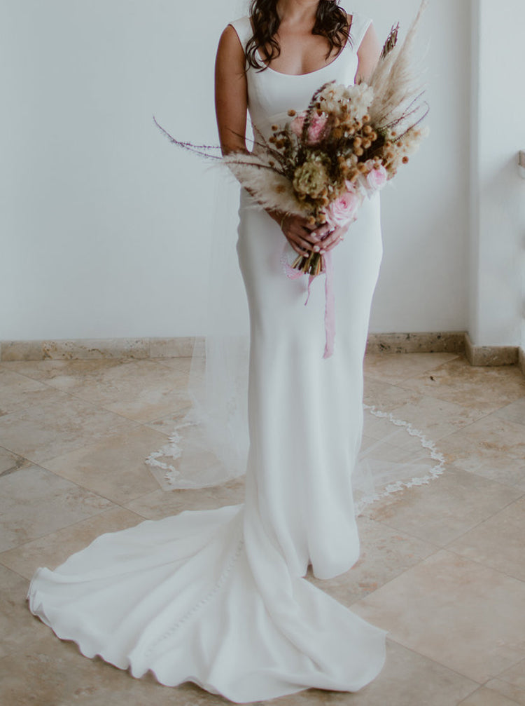 silk scoop neck wedding dress Long Satin Wedding Dress With Scoop Neckline Barbara Made to Order / Champagne / 2 US (34 EU)
