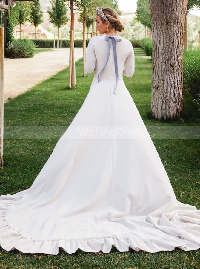 Modest Stretch Crepe Wedding Dress,A-line Bridal Gown With Sleeve,WD00957, US8 / White Modest Stretch Crepe Wedding Dress,A-line Bridal Gown With Sleeve,WD00957, US8 / White