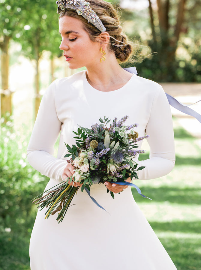 Modest Stretch Crepe Wedding Dress,A-line Bridal Gown With Sleeve,WD00957 US26W / White