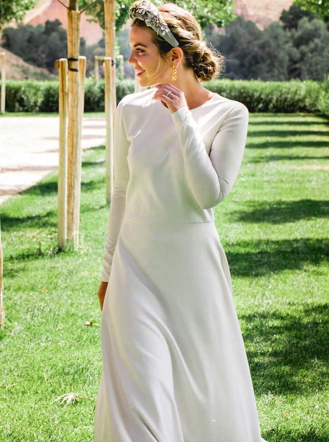 Modest Stretch Crepe Wedding Dress,A-line Bridal Gown With Sleeve,WD00957, US8 / White Modest Stretch Crepe Wedding Dress,A-line Bridal Gown With Sleeve,WD00957, US8 / White