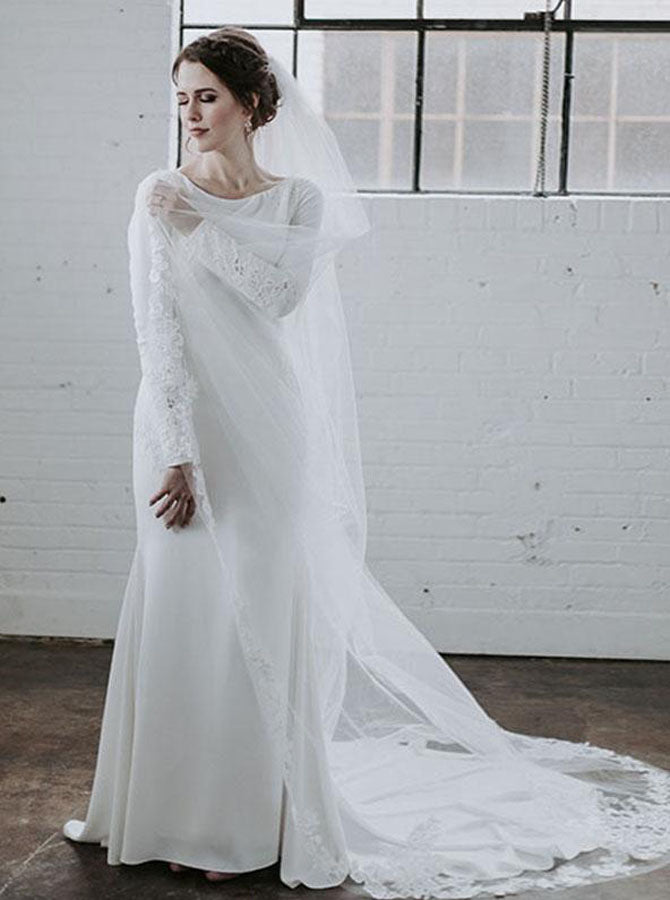 Fit And Flare Wedding Dress,Modest Long Sleeve Bridal Gown,WD00965, US4 / White Fit And Flare Wedding Dress,Modest Long Sleeve Bridal Gown,WD00965, US4 / White