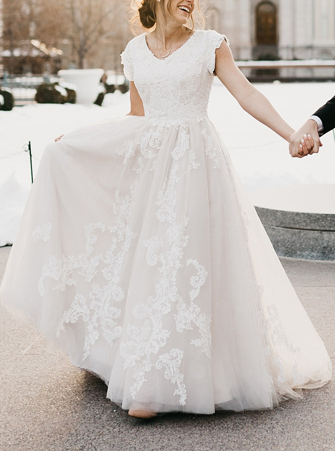 wedding dress a line cap sleeve A-line Cap Sleeve Wedding Gown,Classic Bridal Dress,WD00962, US16 / Ivory