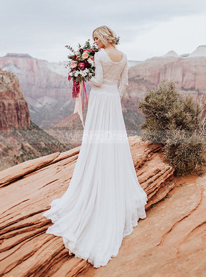 Destination Chiffon Wedding Dress,Boho Long Sleeve Wedding Dress,WD00963, US6 / Ivory