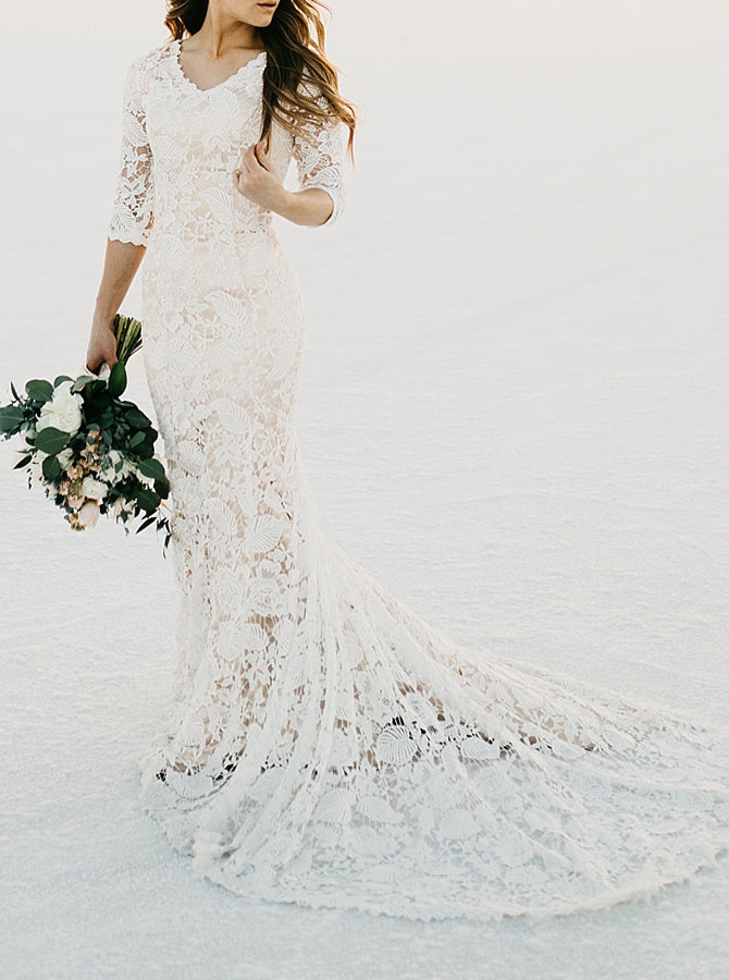 Trumpet Lace Wedding Dress,Lace Up Back Modest Bridal Dress,WD00964, US16 / Ivory
