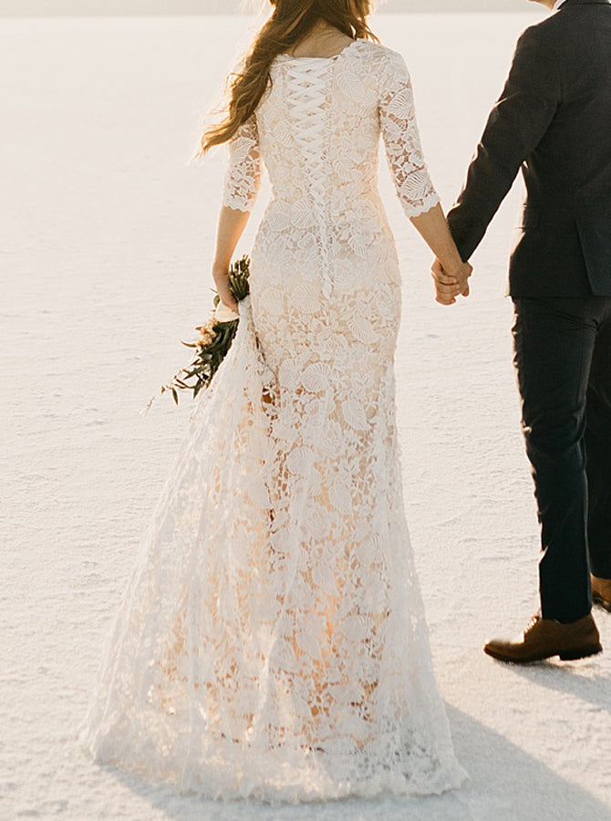 lace up back lace wedding dress Beaded Floral Plunging A-line Light Ivory up back and flattering A Trumpet Lace Wedding Dress,Lace Up
