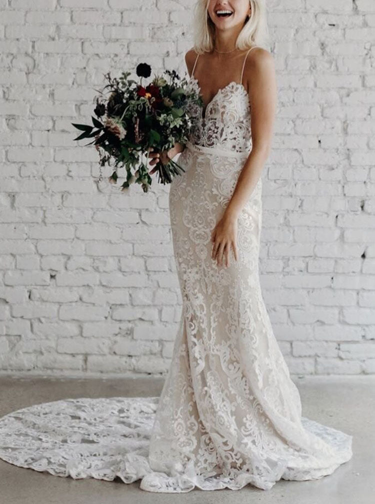 slim fit dress slacks Spaghetti Straps Lace Wedding Dress,Fit And Flare Bridal Gown,WD00968