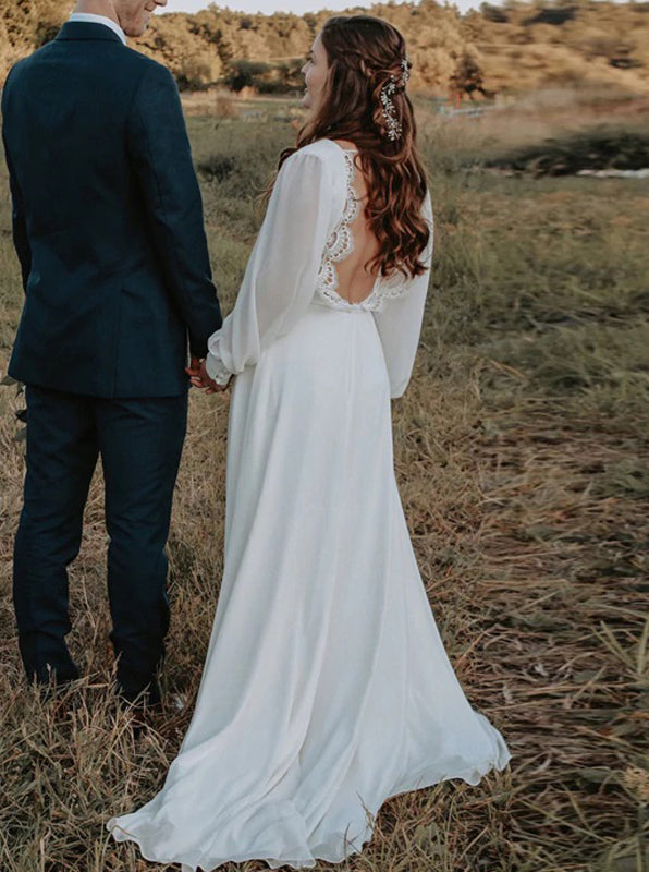 Elegant Backless Wedding Dress,Chiffon Bridal Dress With Bishop Sleeves,WD00971, US6 / Champagne Elegant Backless Wedding Dress,Chiffon Bridal Dress With Bishop Sleeves,WD00971, US6 / Champagne