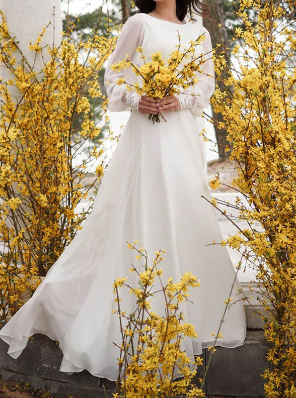 Elegant Backless Wedding Dress,Chiffon Bridal Dress With Bishop  Sleeves,WD00971