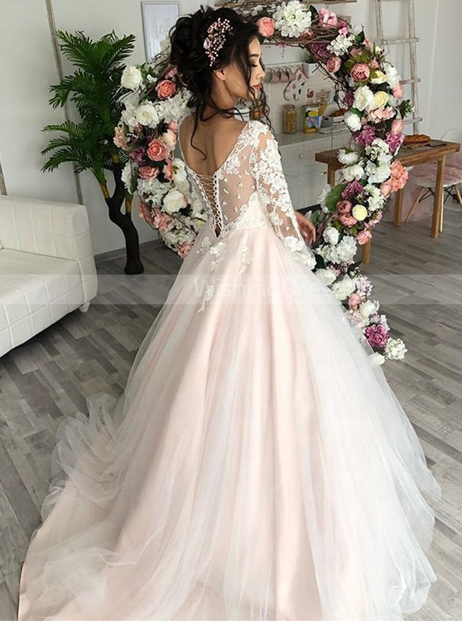 Princess Long Sleeve Wedding Dress,Blush Pink Bridal Gown,WD00972, US14W / Champagne Princess Long Sleeve Wedding Dress,Blush Pink Bridal Gown,WD00972, US14W / Champagne