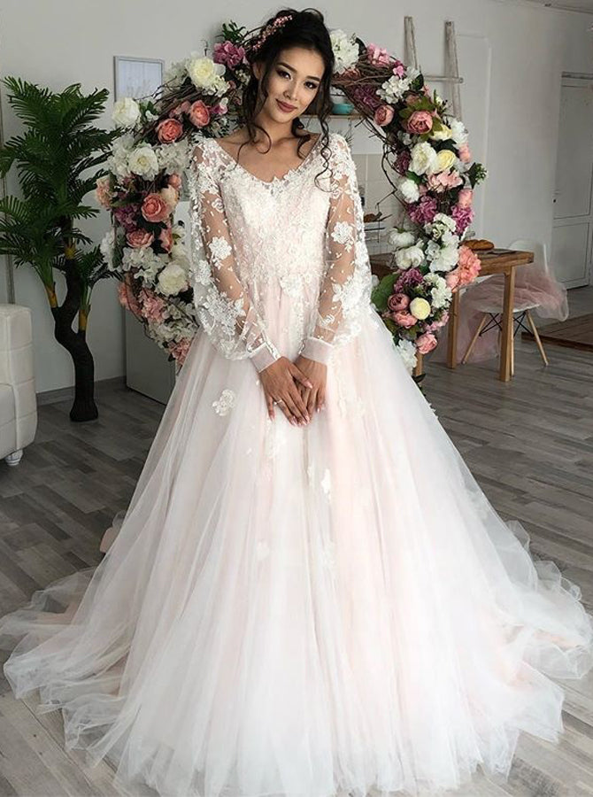 Princess Long Sleeve Wedding Dress,Blush Pink Bridal Gown,WD00972, US26W / Ivory Princess Long Sleeve Wedding Dress,Blush Pink Bridal Gown,WD00972, US26W / Ivory