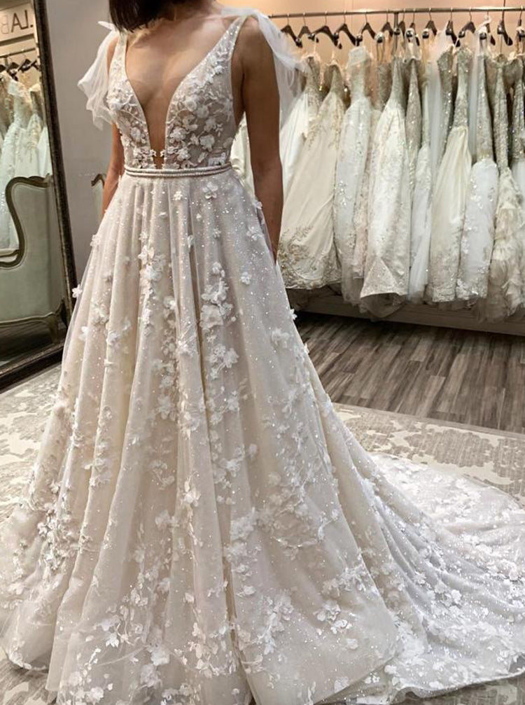 Luxurious A-line Wedding Dress,Plunging Neckline Wedding Dress