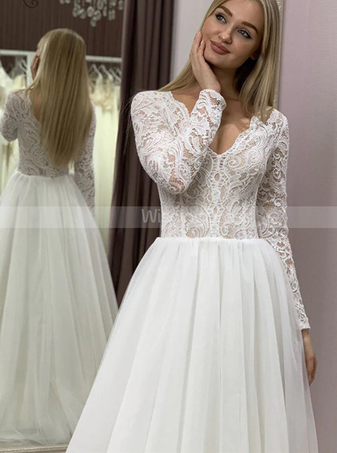 A-Line Wedding Dress with Long Sleeves,Fitted Lace Bodice Tulle Skirt Wedding Dress,WD00974, US24W / Ivory