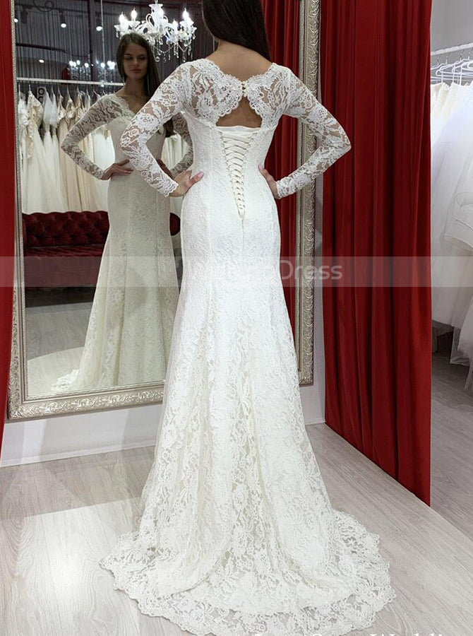 Lace Wedding Dress with Long Sleeves,Fit and Flare Bridal Dress,WD00975, US6 / Champagne