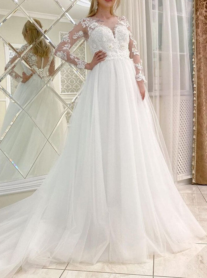 Elegant A-line Wedding Dress With Sleeves,3D Floral Applique Bridal Go