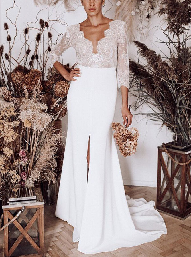 Illusion Neckline Wedding Dress With Slit,Fit And Flare Wedding Dress,WD00979, US8 / Ivory