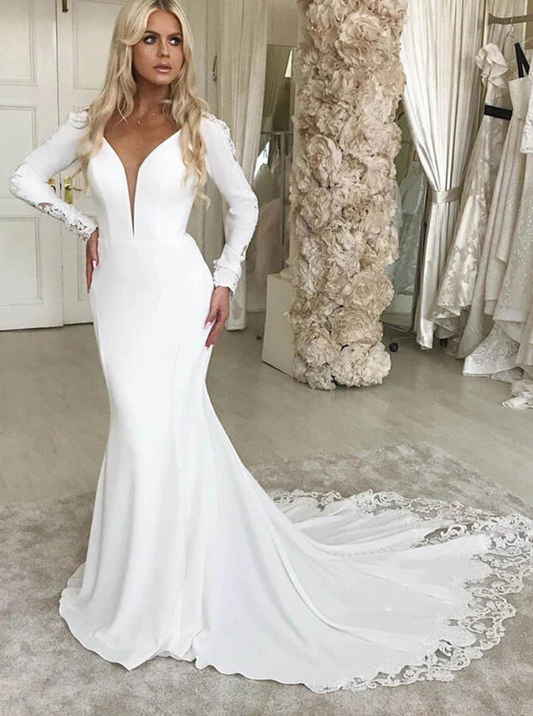 Trumpet Wedding Dress,Long Sleeve Wedding Dress,WD00982, US24W / Ivory