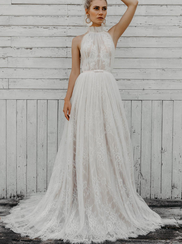 boho high neck wedding dress Boho Sheath Lace Wedding Dress with High Neck