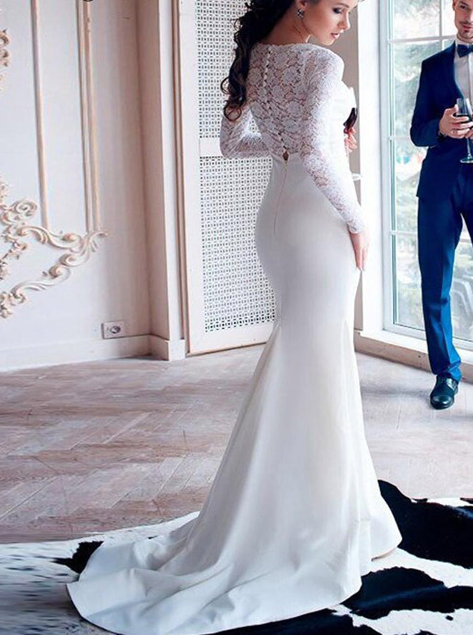Modest Trumpet Wedding Dress,Long Sleeve Bridal Dress,WD00984, US24W / White