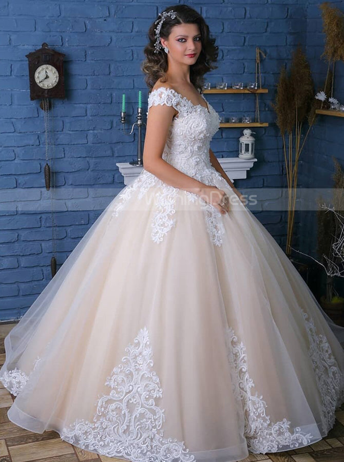 Princess Wedding Gown,Champagne Bridal Gown With White Lace Appliques, -  Wishingdress