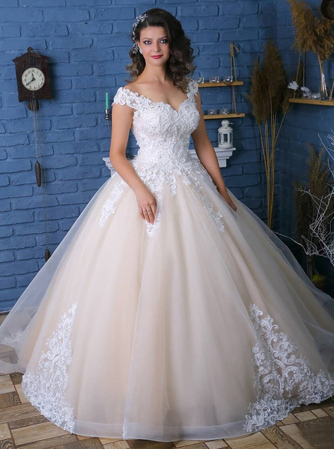 Princess Wedding Gown,Champagne Bridal Gown With White Lace Appliques,WD00989 US2 / Picture Color