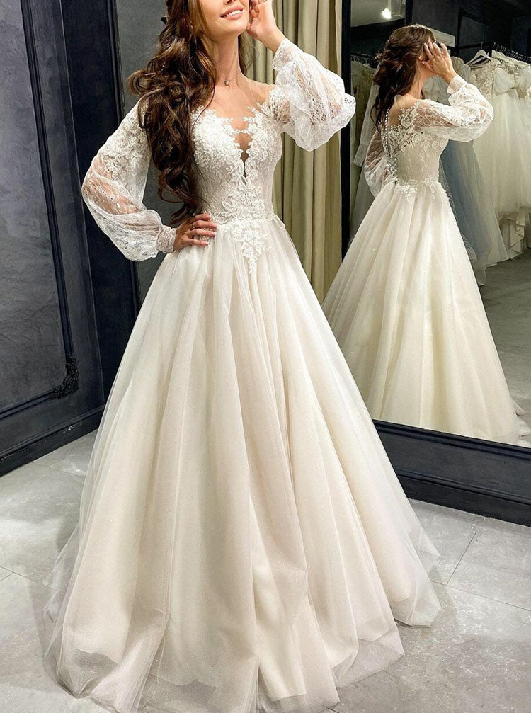 A-line Wedding Gown With Sleeves,Illusion Neckline Bridal Dress,WD00991, US4 / White A-line Wedding Gown With Sleeves,Illusion Neckline Bridal Dress,WD00991, US4 / White