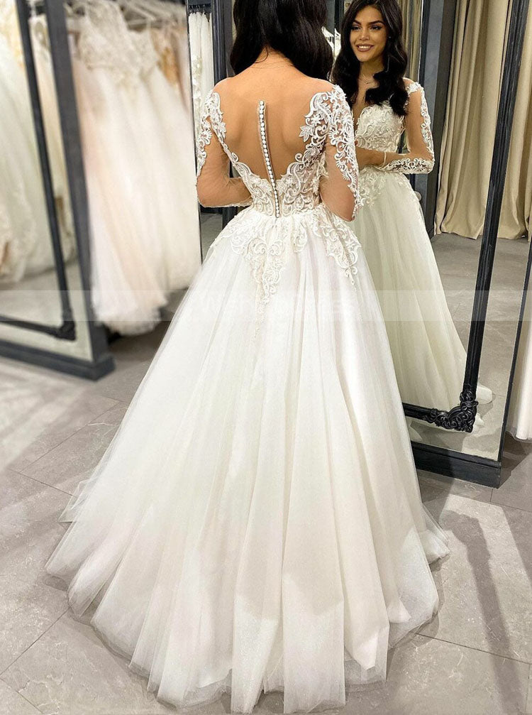 a line illusion neckline wedding dress A-line With Sleeves,Illusion Bridal Gown,WD0099 white Fabrics 4th Birthday Dress - CAMO Color:Tru Tim Pink Snow Backyard BBQ