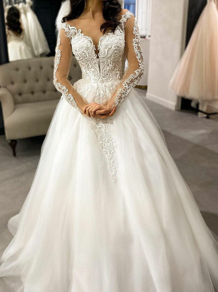 A-line Wedding Dress With Sleeves,Illusion Neckline Bridal Gown,WD00996