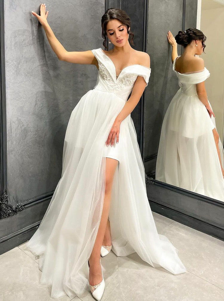 Off The Shoulder Beach Wedding Dress,Tulle Over Mini Length Skirt Wedding Dress,WD00997, US16 / Black