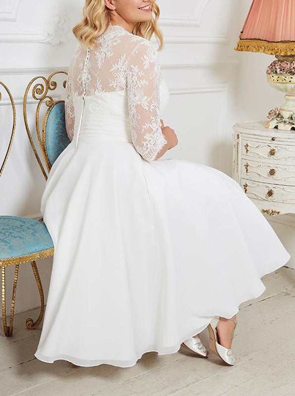 Plus Size Tea Length Wedding Dress,Destination Wedding Dress with Sleeve,WD01002, US4 / Ivory