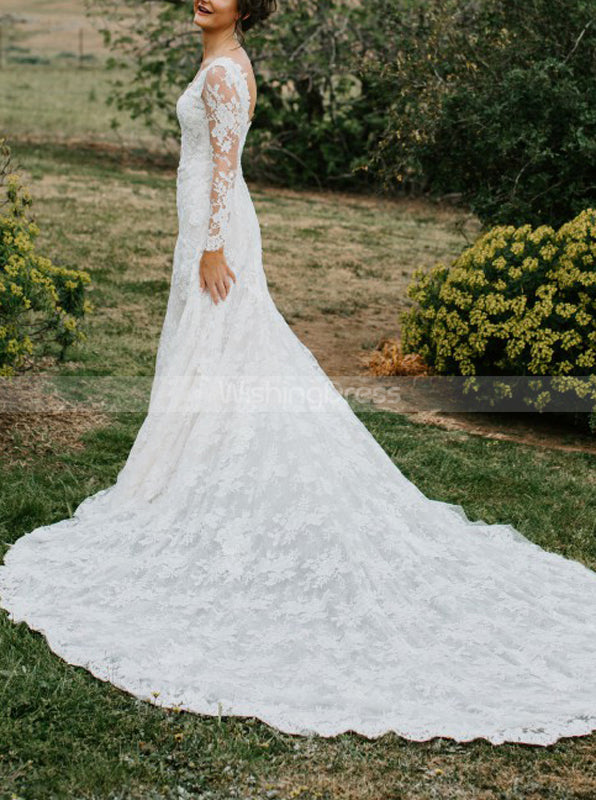Fit And Flare Lace Wedding Dress,Long Sleeve Bridal Gown,WD01006, US6 / Champagne Fit And Flare Lace Wedding Dress,Long Sleeve Bridal Gown,WD01006, US6 / Champagne