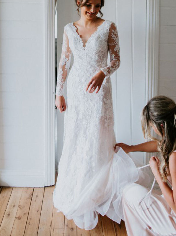 Fit And Flare Lace Wedding Dress,Long Sleeve Bridal Gown,WD01006, US6 / Champagne Fit And Flare Lace Wedding Dress,Long Sleeve Bridal Gown,WD01006, US6 / Champagne