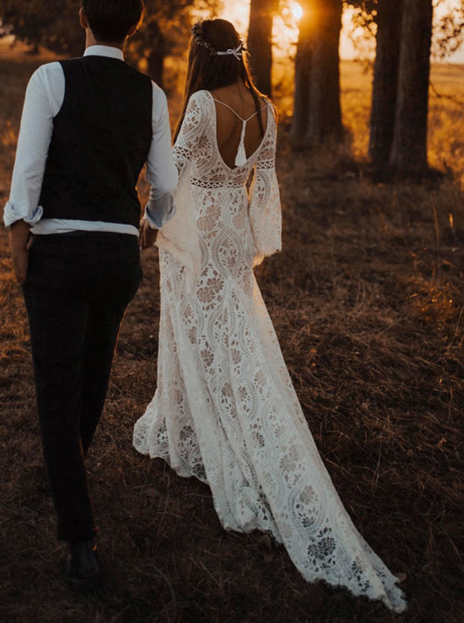 fitted lace wedding dress Boho Wedding Dress,Bell Sleeve Lace Bridal Dress,WD01009, US12 / Champagne
