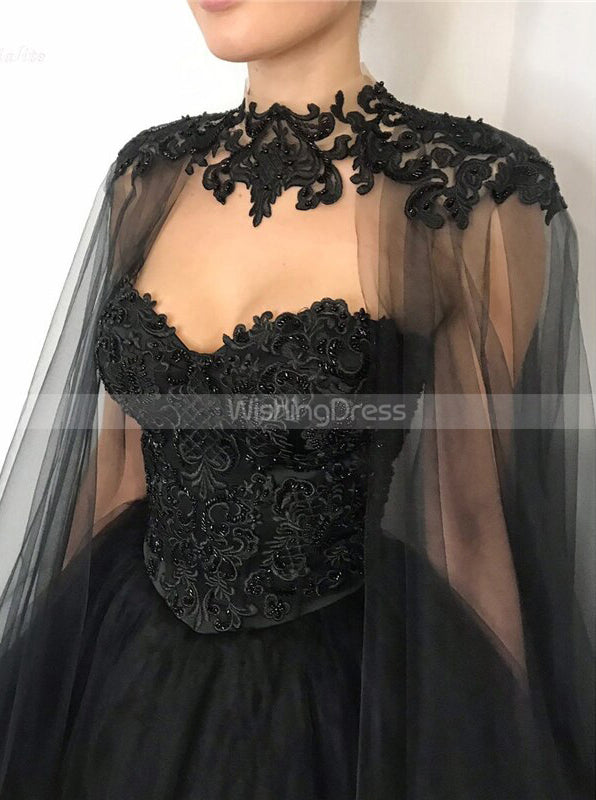 black wedding dresses with lace sleeves V Neck Long Sleeve Chapel Train Black Lace Wedding Dress