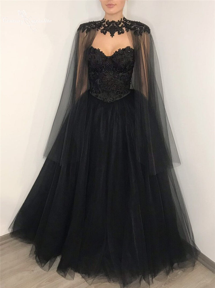 Black Wedding Dress With Cape Sleeve,Floor Length Black Bridal Gown,WD - Wishingdress Black Wedding Dress With Cape Sleeve,Floor Length Black Bridal Gown,WD - Wishingdress