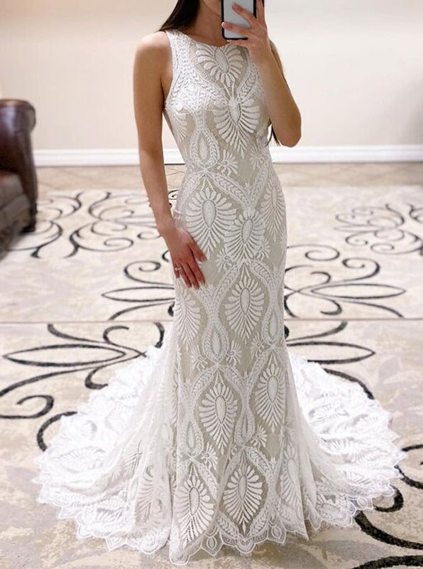 Trumpet Lace Wedding Dress,Open Back Bridal Gown,WD01014, US10 / Ivory