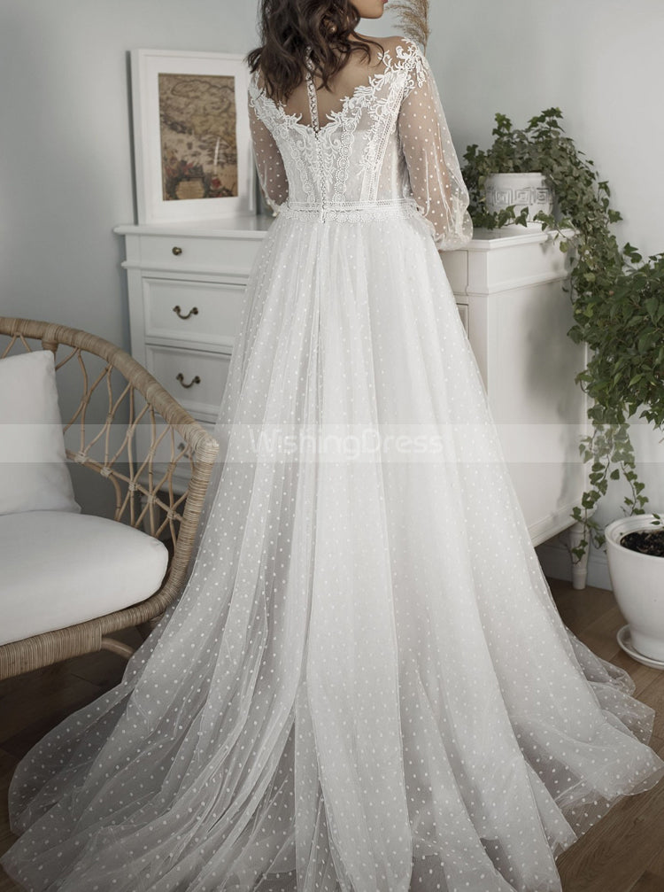 Dotted Tulle Wedding Dress,A-line Wedding Dress With Sheer Sleeve,WD01015, US16 / Champagne