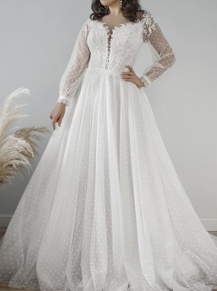Dotted Tulle Wedding Dress,A-line Wedding Dress With Sheer Sleeve,WD01015, US16 / Champagne Dotted Tulle Wedding Dress,A-line Wedding Dress With Sheer Sleeve,WD01015, US16 / Champagne
