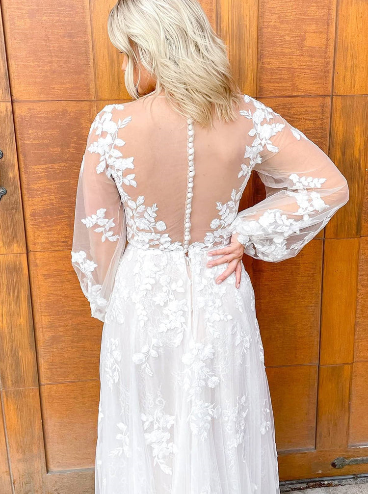 A-Line Lace-Appliqued Wedding Dress,Puffy Sleeve Wedding Gown,WD01023, US24W / Ivory