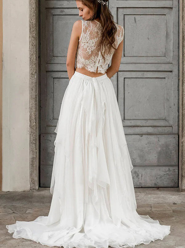 Two Piece Chiffon Wedding Dress,Beach Wedding Dress,WD01026, US24W / Ivory