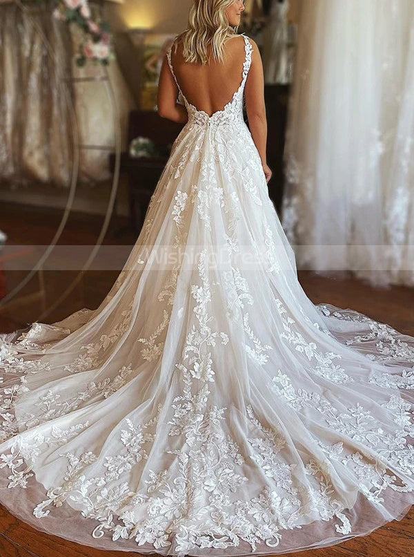 Elegant A-line Wedding Dress,Lace-appliqued Bridal Gown With Pockets,W -  Wishingdress