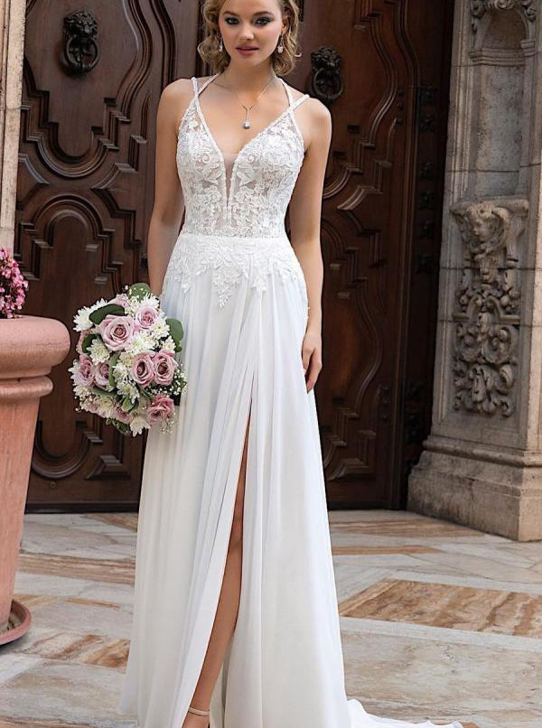 chiffon low back wedding dress White Chiffon Spaghetti Straps Simple Lace Backless Cheap Wedding Dresses,  MW234