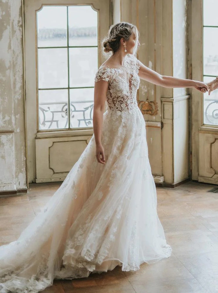 Romantic Wedding Dress,See Through 3D Floral Lace-Appliqued